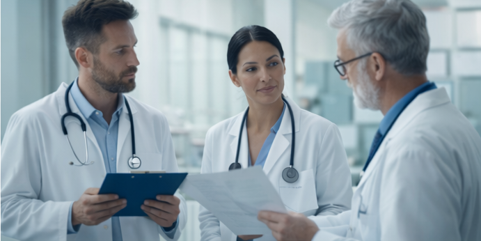 Small clinical team reviewing a case together in a medical office.