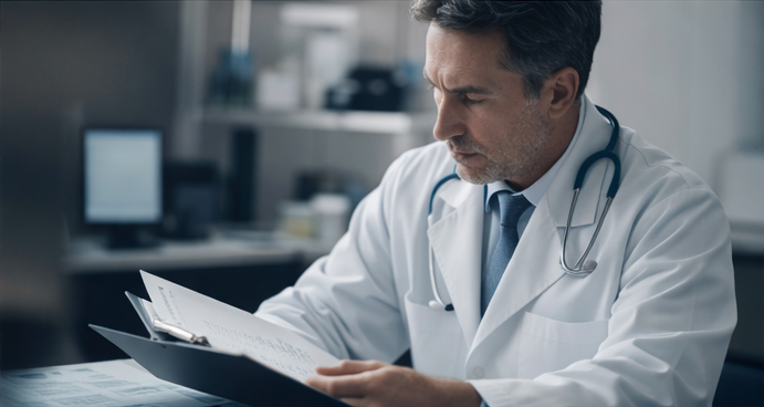Clinician reviewing referral information and patient notes at a desk.