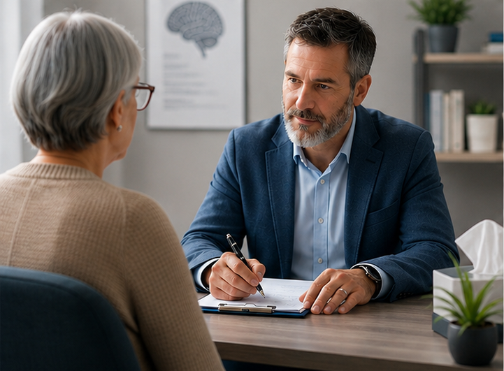 Clinician consulting with a patient in a bright clinical office