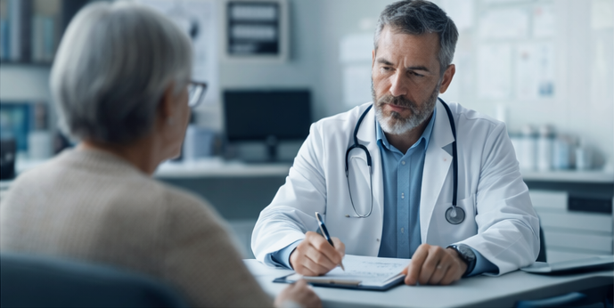 Clinician consulting with a patient in a calm medical practice setting.