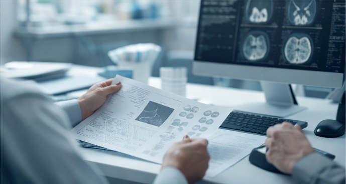 Clinician reviewing diagnostic images and notes in a clinical workspace.
